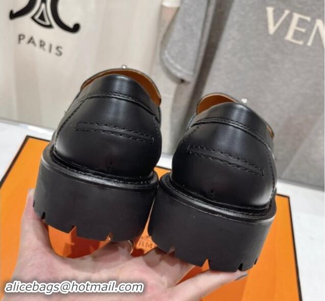 Buy Luxury Hermes Icone Platform Loafers in Calfskin with Kelly Buckle Black 909030