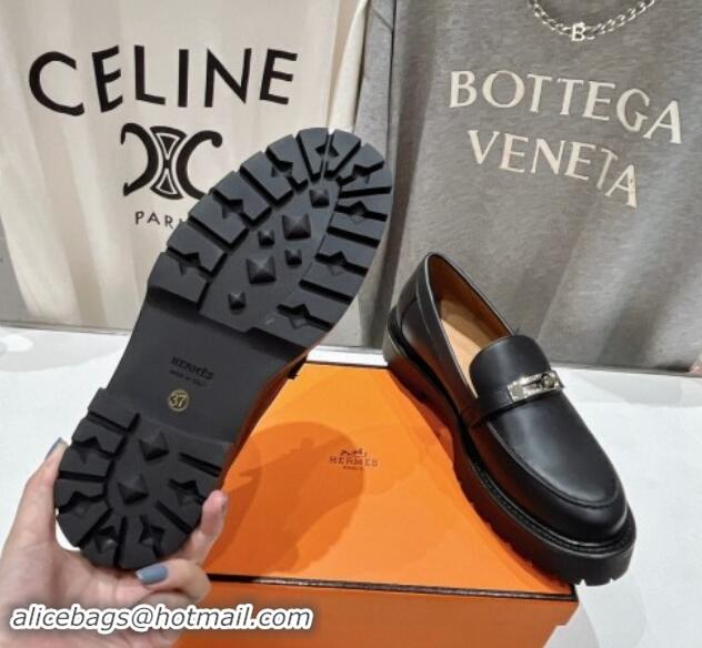 Buy Luxury Hermes Icone Platform Loafers in Calfskin with Kelly Buckle Black 909030