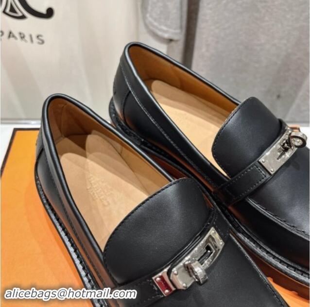 Buy Luxury Hermes Icone Platform Loafers in Calfskin with Kelly Buckle Black 909030