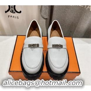 Perfect Hermes Icone Platform Loafers in Calfskin with Kelly Buckle White 909031