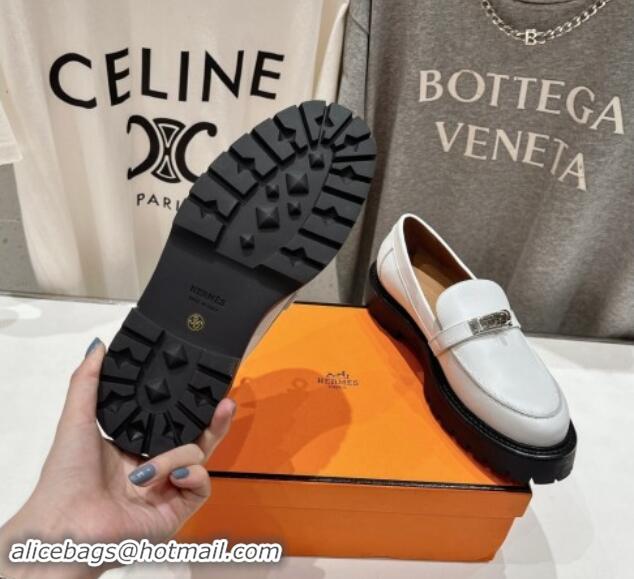 Perfect Hermes Icone Platform Loafers in Calfskin with Kelly Buckle White 909031