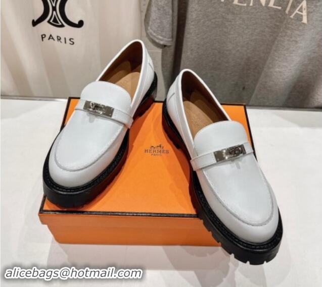 Perfect Hermes Icone Platform Loafers in Calfskin with Kelly Buckle White 909031