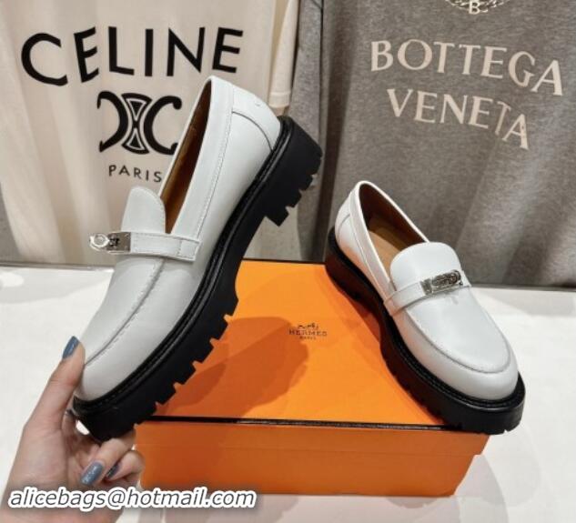 Perfect Hermes Icone Platform Loafers in Calfskin with Kelly Buckle White 909031