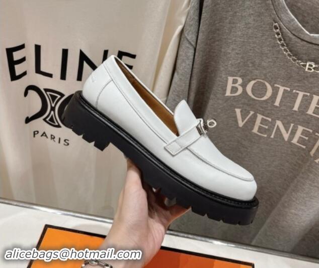 Perfect Hermes Icone Platform Loafers in Calfskin with Kelly Buckle White 909031