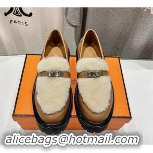 Unique Discount Hermes Icone Platform Loafers in Calfskin and Fur with Kelly Buckle Light Brown 909032 