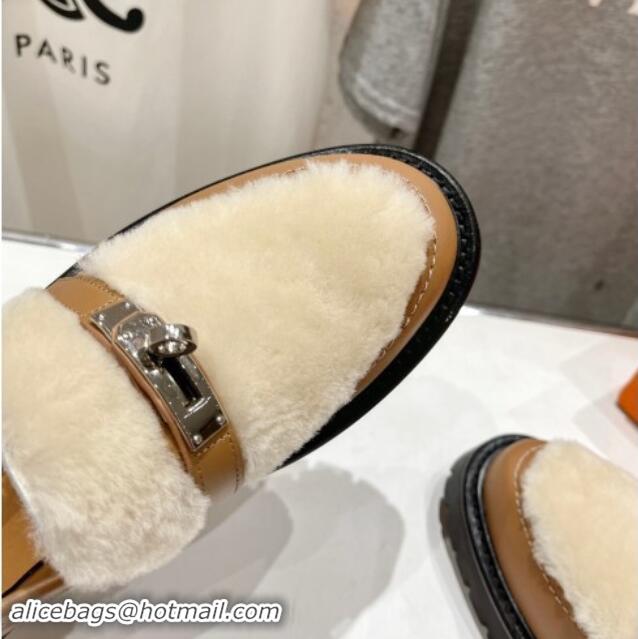 Unique Discount Hermes Icone Platform Loafers in Calfskin and Fur with Kelly Buckle Light Brown 909032 