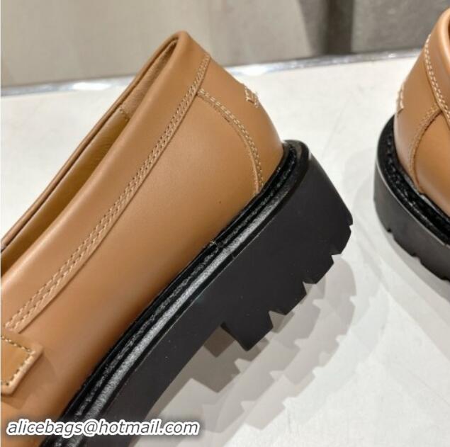 Unique Discount Hermes Icone Platform Loafers in Calfskin and Fur with Kelly Buckle Light Brown 909032 