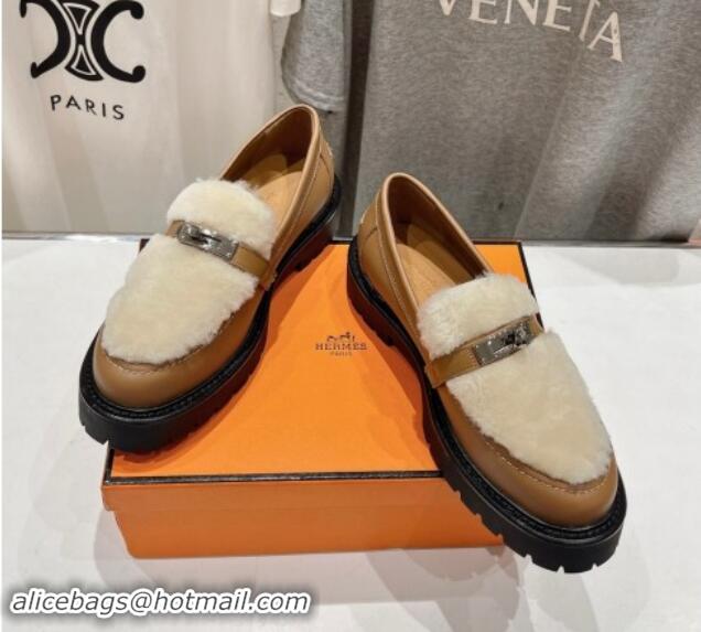 Unique Discount Hermes Icone Platform Loafers in Calfskin and Fur with Kelly Buckle Light Brown 909032 