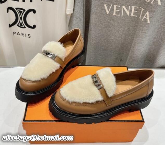 Unique Discount Hermes Icone Platform Loafers in Calfskin and Fur with Kelly Buckle Light Brown 909032 