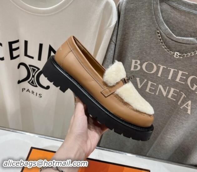 Unique Discount Hermes Icone Platform Loafers in Calfskin and Fur with Kelly Buckle Light Brown 909032 