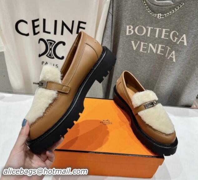 Unique Discount Hermes Icone Platform Loafers in Calfskin and Fur with Kelly Buckle Light Brown 909032 