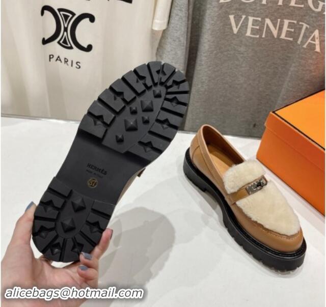 Unique Discount Hermes Icone Platform Loafers in Calfskin and Fur with Kelly Buckle Light Brown 909032 