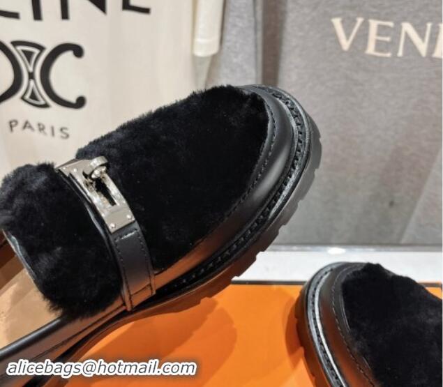 Luxurious Hermes Icone Platform Loafers in Calfskin and Fur with Kelly Buckle Black 909033