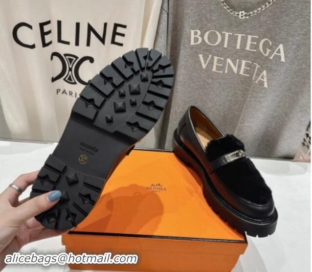 Luxurious Hermes Icone Platform Loafers in Calfskin and Fur with Kelly Buckle Black 909033