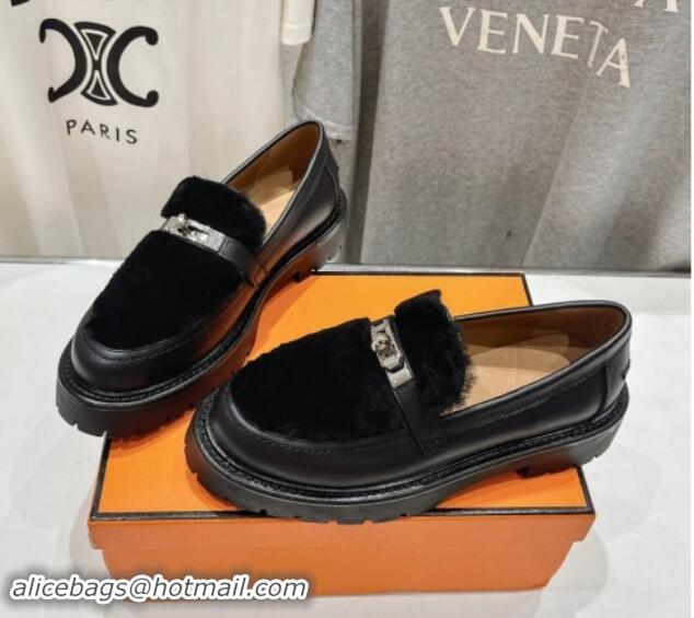 Luxurious Hermes Icone Platform Loafers in Calfskin and Fur with Kelly Buckle Black 909033