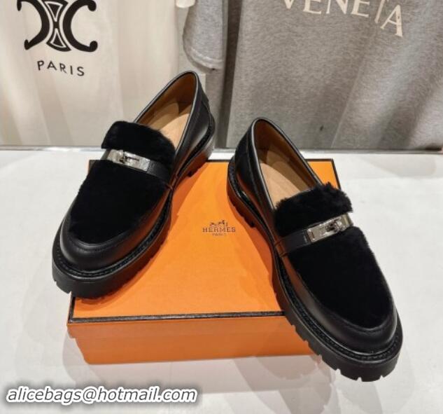 Luxurious Hermes Icone Platform Loafers in Calfskin and Fur with Kelly Buckle Black 909033