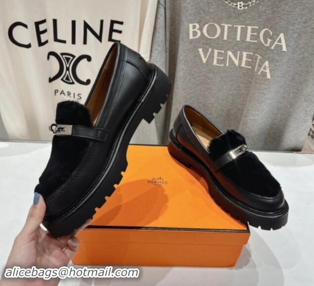 Luxurious Hermes Icone Platform Loafers in Calfskin and Fur with Kelly Buckle Black 909033