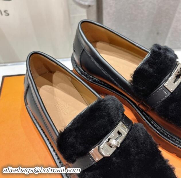 Luxurious Hermes Icone Platform Loafers in Calfskin and Fur with Kelly Buckle Black 909033