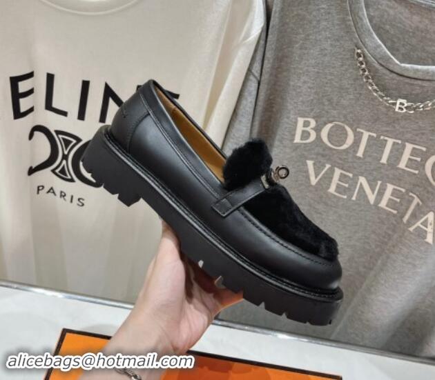 Luxurious Hermes Icone Platform Loafers in Calfskin and Fur with Kelly Buckle Black 909033