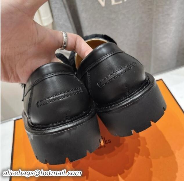 Luxurious Hermes Icone Platform Loafers in Calfskin and Fur with Kelly Buckle Black 909033