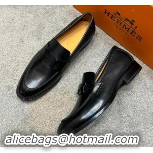 Good Looking Hermes Men's Pairs Loafer in Brushed Calfskin Black 092101