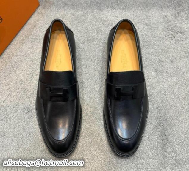 Good Looking Hermes Men's Pairs Loafer in Brushed Calfskin Black 092101