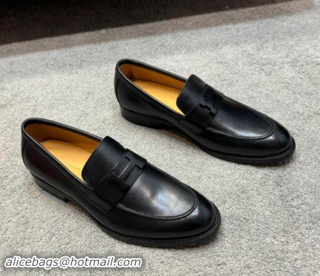 Good Looking Hermes Men's Pairs Loafer in Brushed Calfskin Black 092101