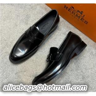 Low Cost Hermes Men's Pairs Loafer in Brushed Calfskin Black 092102