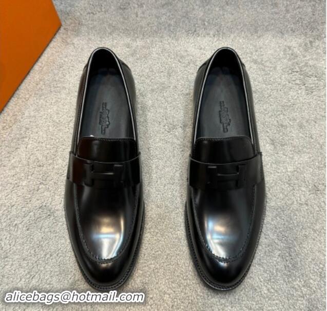 Low Cost Hermes Men's Pairs Loafer in Brushed Calfskin Black 092102