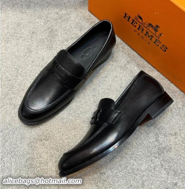 Most Popular Hermes Men's Pairs Loafer in Grained Calfskin Black 092104