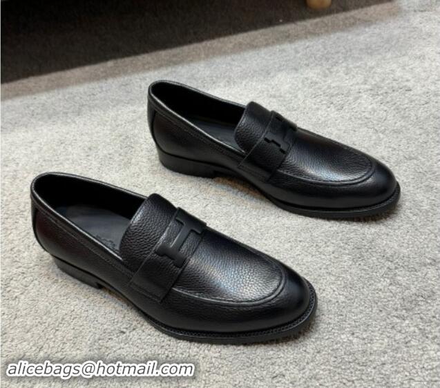 Most Popular Hermes Men's Pairs Loafer in Grained Calfskin Black 092104