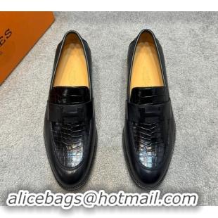 Purchase Hermes Men's Pairs Loafer in Croco Pattern Calfskin Black 092106