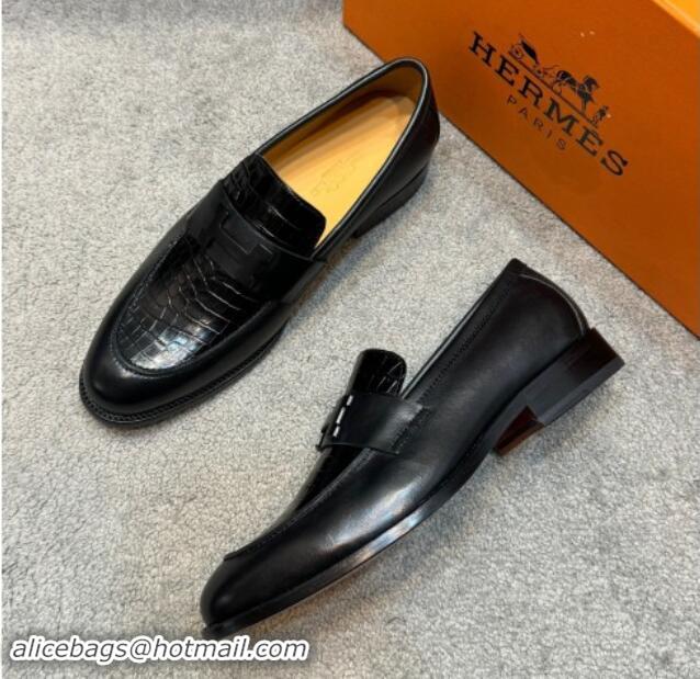 Purchase Hermes Men's Pairs Loafer in Croco Pattern Calfskin Black 092106