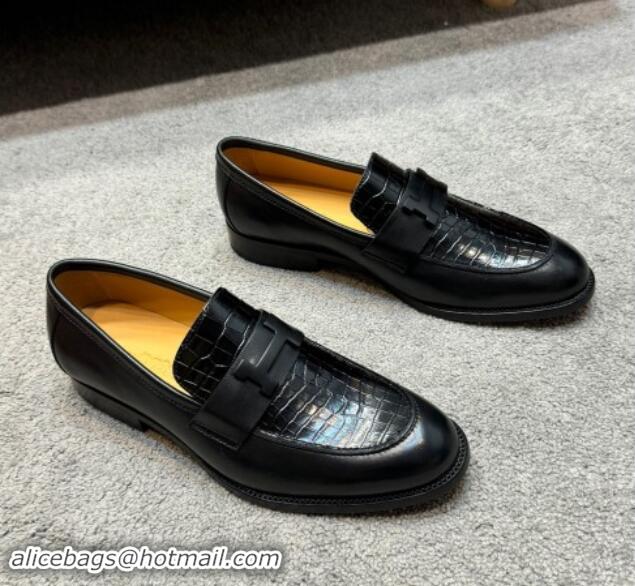 Purchase Hermes Men's Pairs Loafer in Croco Pattern Calfskin Black 092106