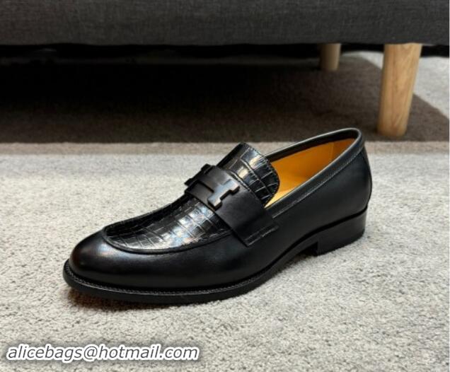 Purchase Hermes Men's Pairs Loafer in Croco Pattern Calfskin Black 092106