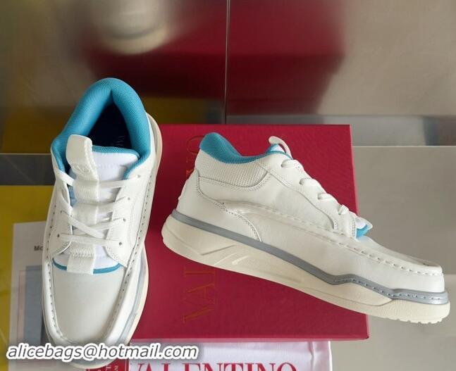 Top Design Valentino Calfskin Leather Mid-Top Runboot Sneakers White/Blue 903068