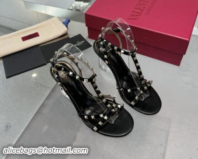 Charming Valentino Rockstud Nappa Leather Wedge Sandals 8.5cm with Clear Heel Black 903069