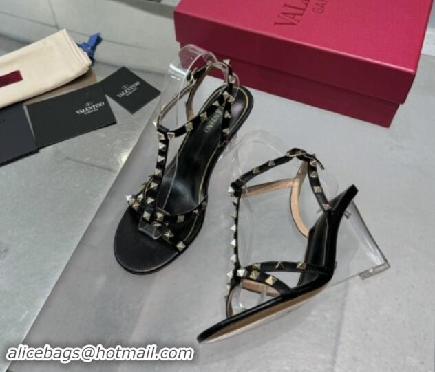 Charming Valentino Rockstud Nappa Leather Wedge Sandals 8.5cm with Clear Heel Black 903069