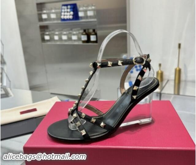 Charming Valentino Rockstud Nappa Leather Wedge Sandals 8.5cm with Clear Heel Black 903069