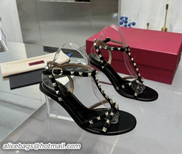 Charming Valentino Rockstud Nappa Leather Wedge Sandals 8.5cm with Clear Heel Black 903069