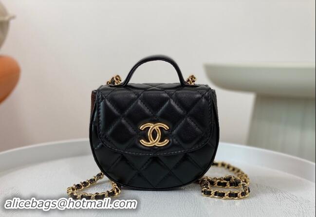 Spot Classic Chanel Shiny Calfskin Mini Saddle Flap bag with Top Handle A96011 Black 2024