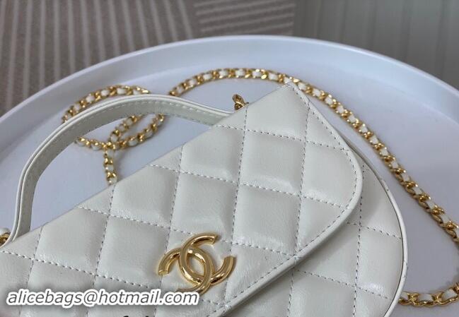 Cheapest Chanel Shiny Calfskin Small Saddle Flap bag with Top Handle A96012 White 2024