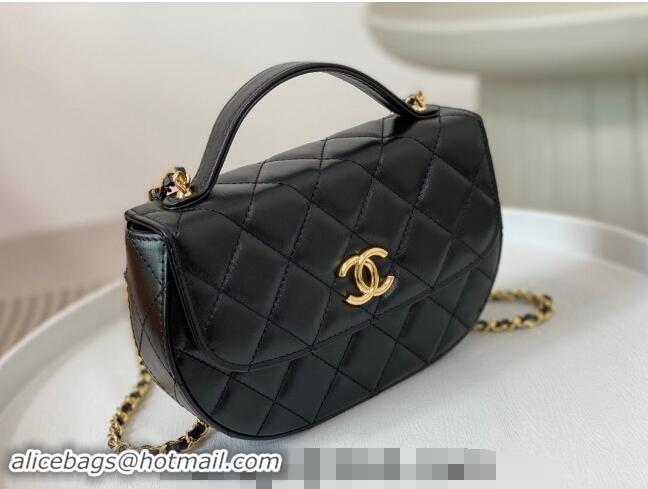 Buy Classic Chanel Shiny Calfskin Small Saddle Flap bag with Top Handle A96012 Black 2024