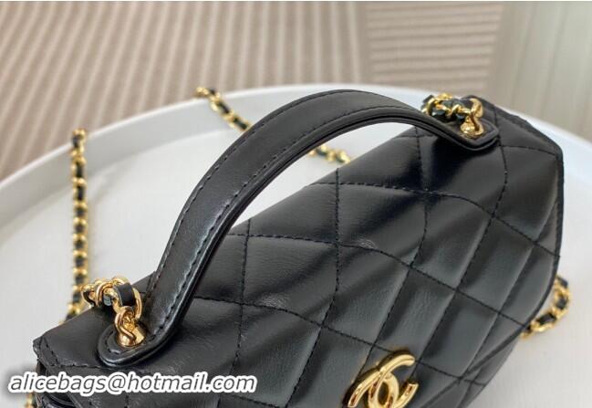 Buy Classic Chanel Shiny Calfskin Small Saddle Flap bag with Top Handle A96012 Black 2024