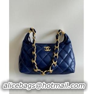 Luxury Cheap Chanel Shiny Lambskin Medium Hobo bag AS4912 Dark Blue 2024