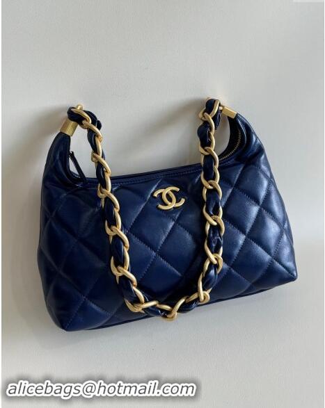 Luxury Cheap Chanel Shiny Lambskin Medium Hobo bag AS4912 Dark Blue 2024