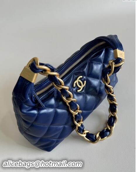 Luxury Cheap Chanel Shiny Lambskin Medium Hobo bag AS4912 Dark Blue 2024