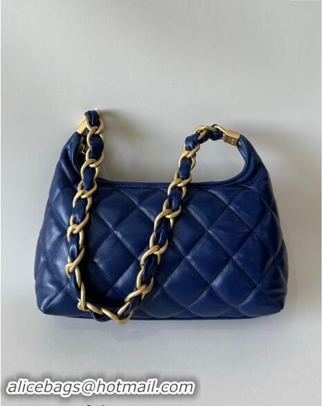 Luxury Cheap Chanel Shiny Lambskin Medium Hobo bag AS4912 Dark Blue 2024