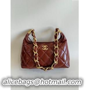 New Release Creation Chanel Shiny Lambskin Medium Hobo bag AS4912 Brown 2024