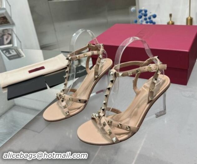 Popular Style Valentino Rockstud Nappa Leather Wedge Sandals 8.5cm with Clear Heel Beige 903070